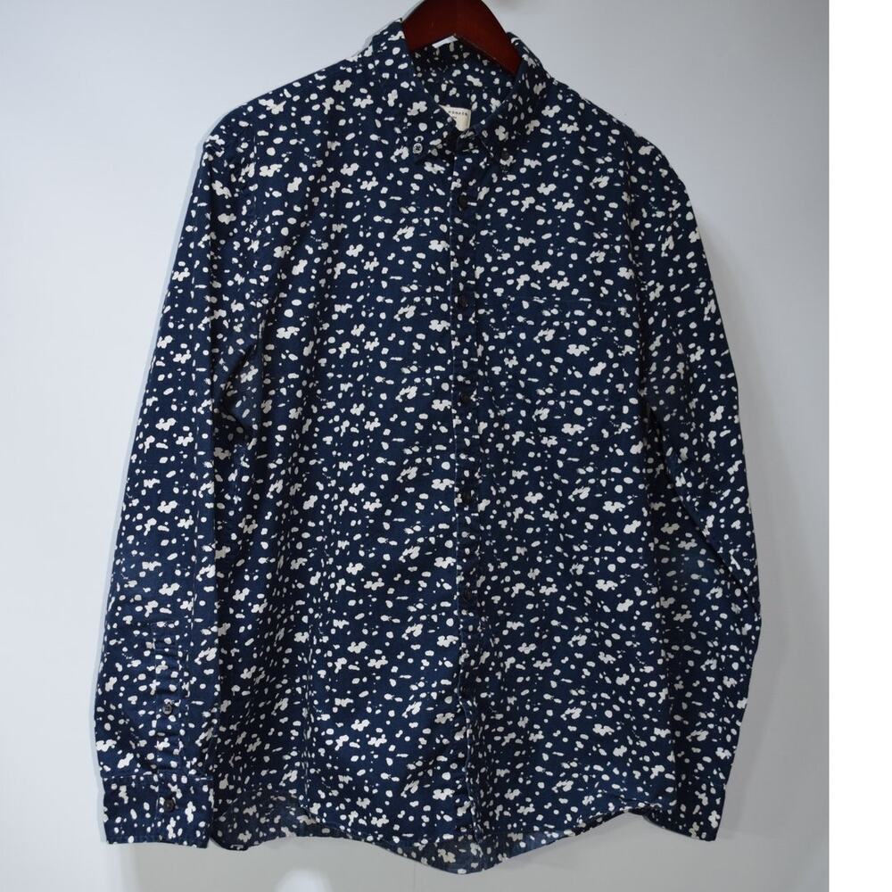 Club Monaco Slim Fit Button Down Shirt Mens XL Navy White Print Pattern